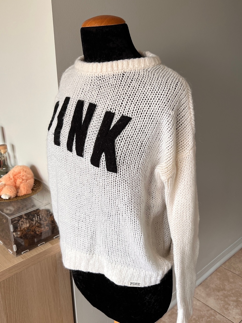 PINK Victoria's Secret White Knit Sweater with Black Logo
